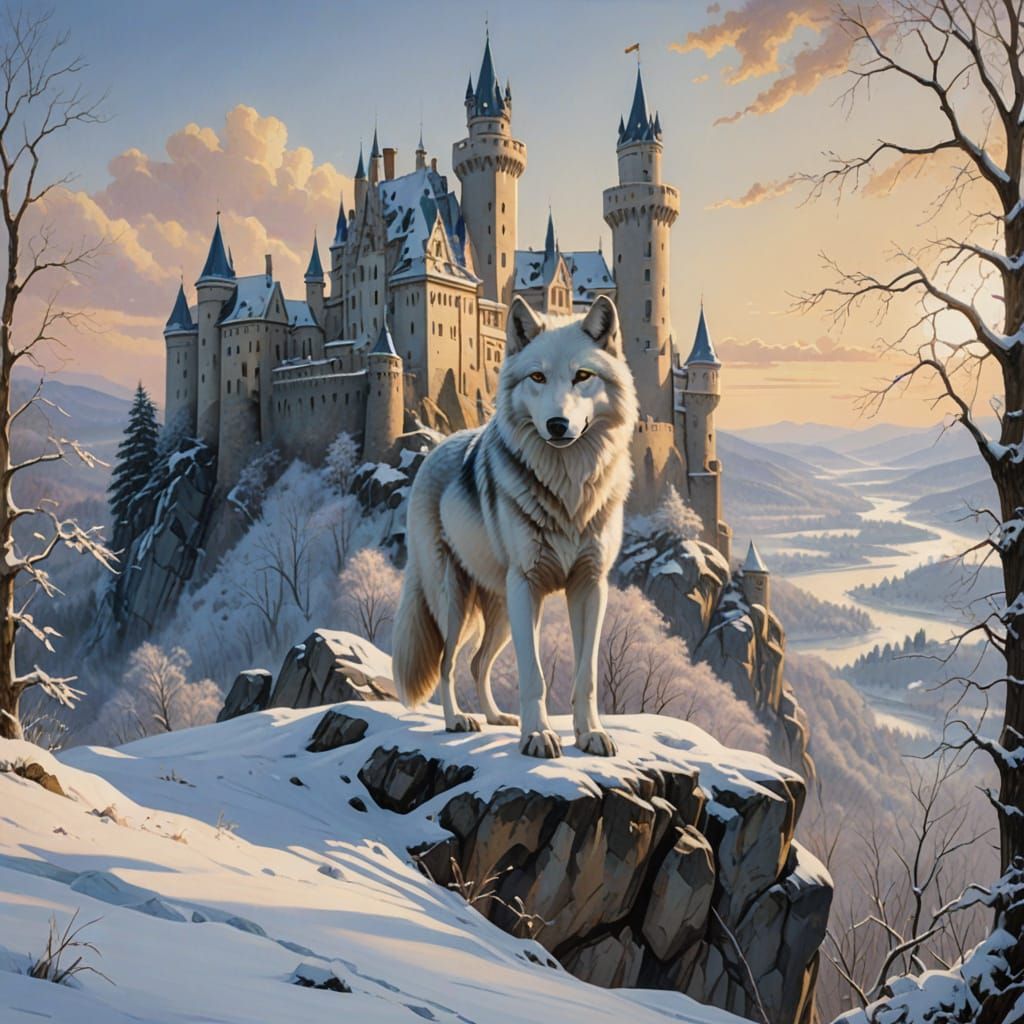 Regal Winter Wolf Amidst Lichtenstein Castle's Snowy Splendo...