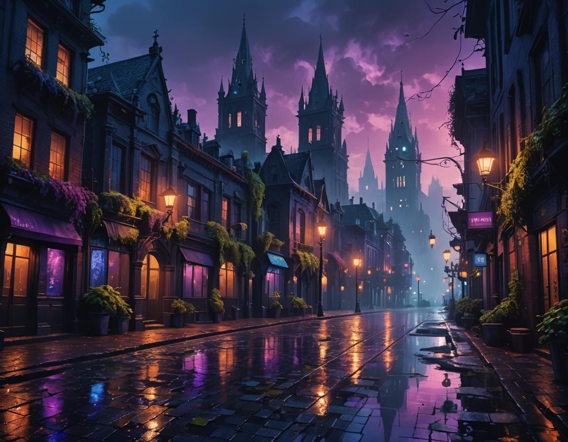 Mystical City at Dusk: Gothic Architecture in Oil Paint