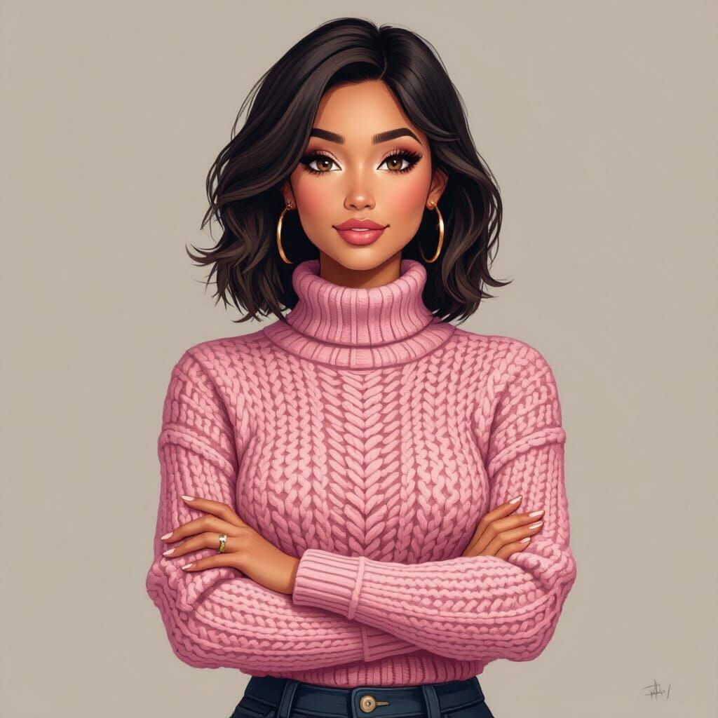 Confident Woman in Pink Sweater, Digital Painting