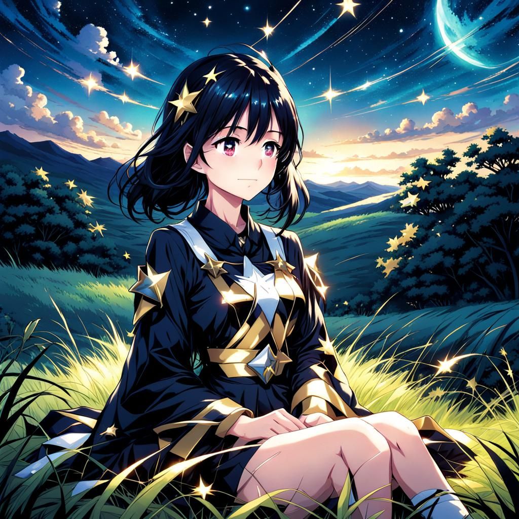 Woman in Starry Outfit Sitting in Grassy Field
