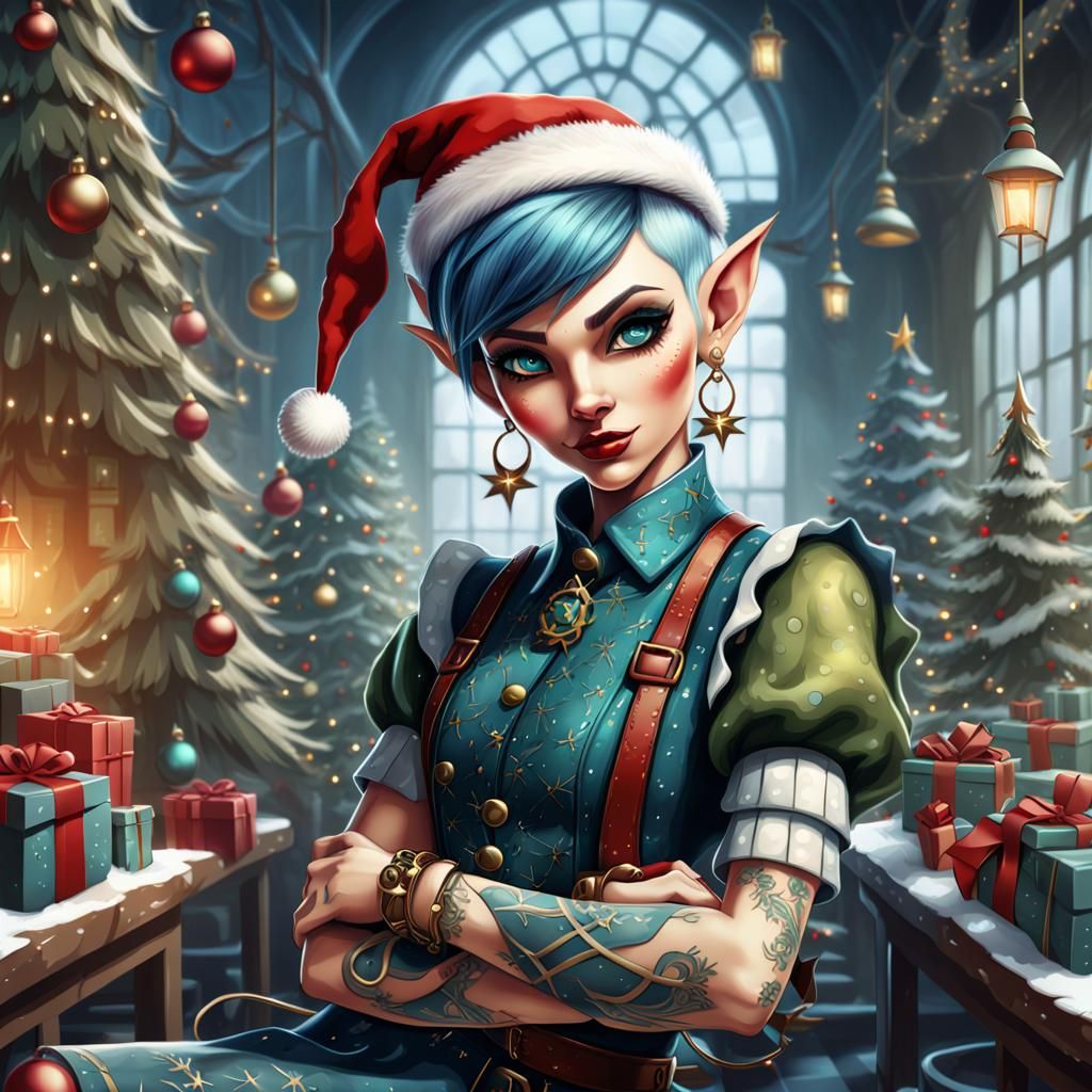 Punk Christmas Elf Portrait in 2D Illustration
