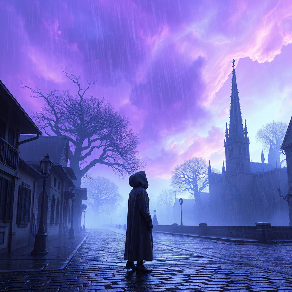 Mystical Purple Rain Washes Over Misty Town