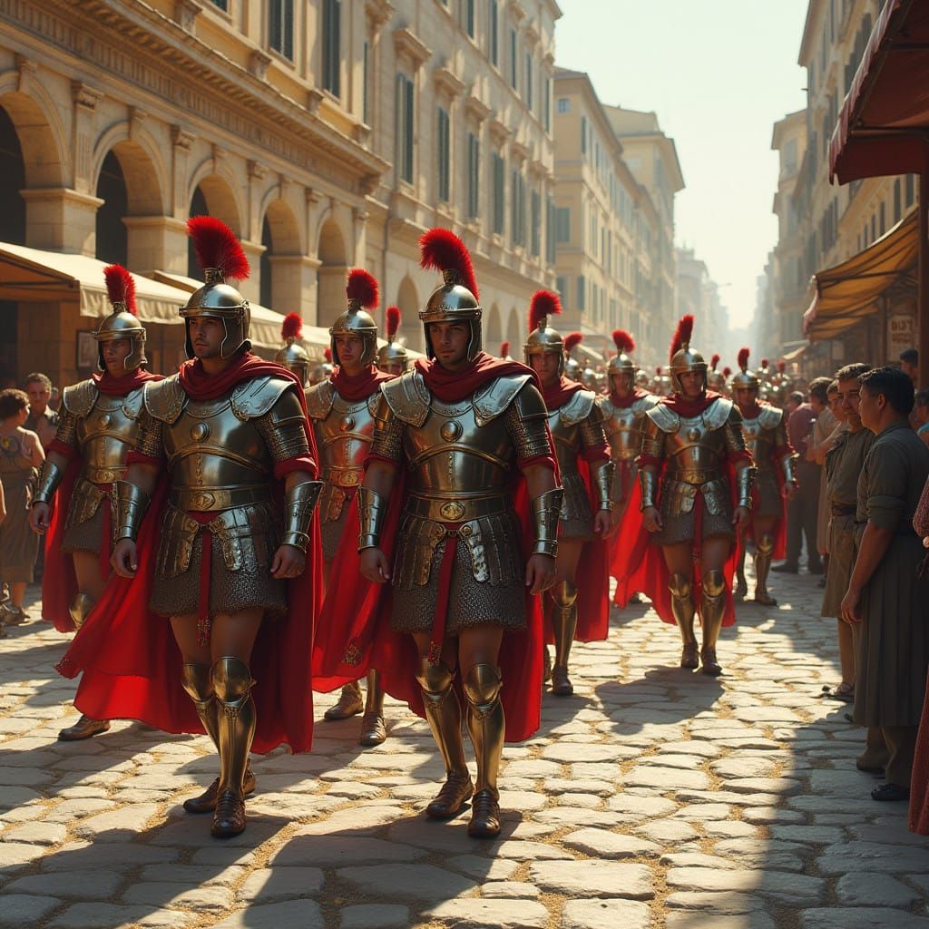 Roman Legionnaires March Through Ancient Italian Townscenes...