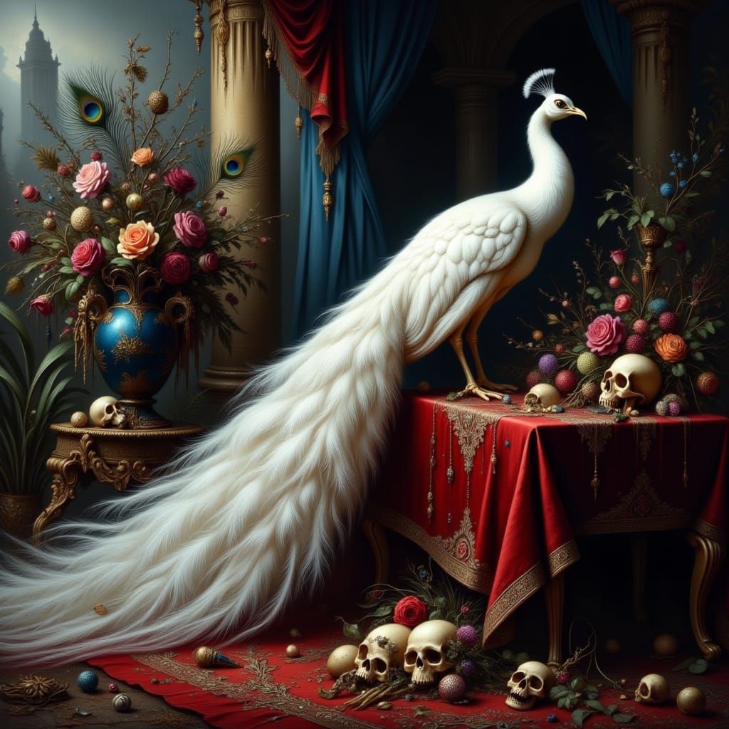 White Peacock Beside Ornate Table in Moody Gothic Style