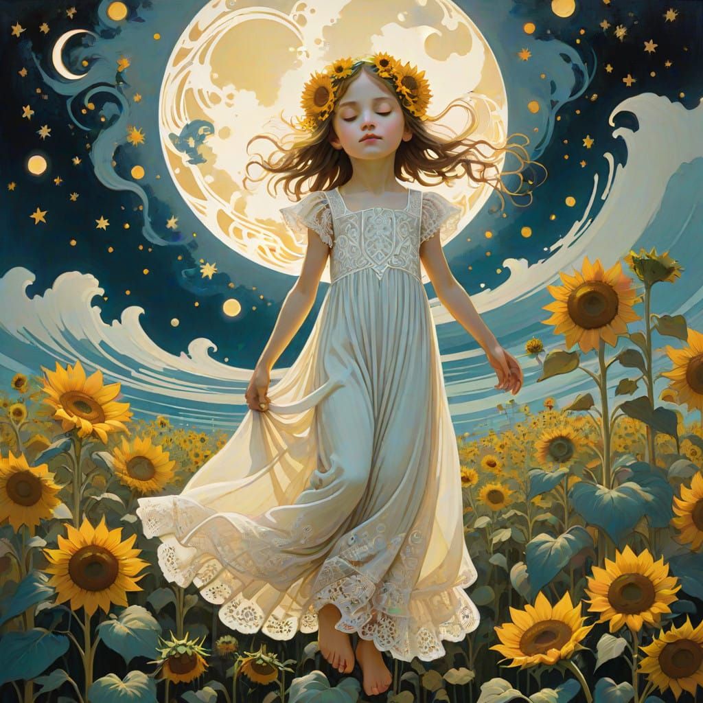 Whimsical Art Nouveau Scene with Levitating Child