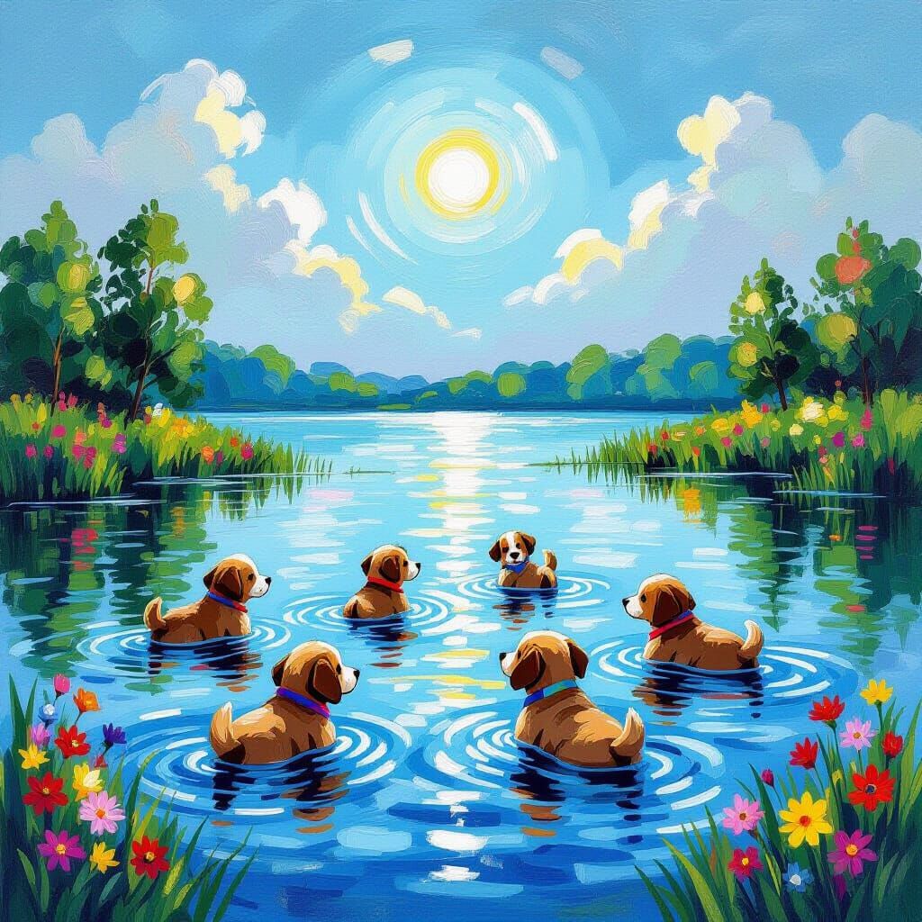 Dogs Swimming in Serene Lake: Summer Landscape