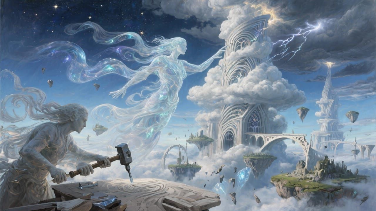 Celestial Wind Sculptors Carving Sky Forms as Oil Painting