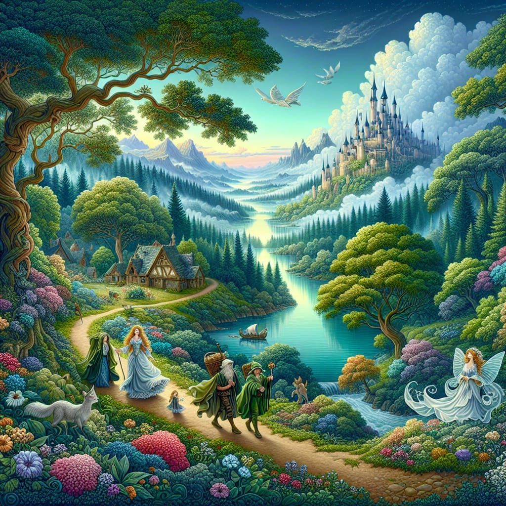 Magical Forest Scene with Elves in Fantasy Style