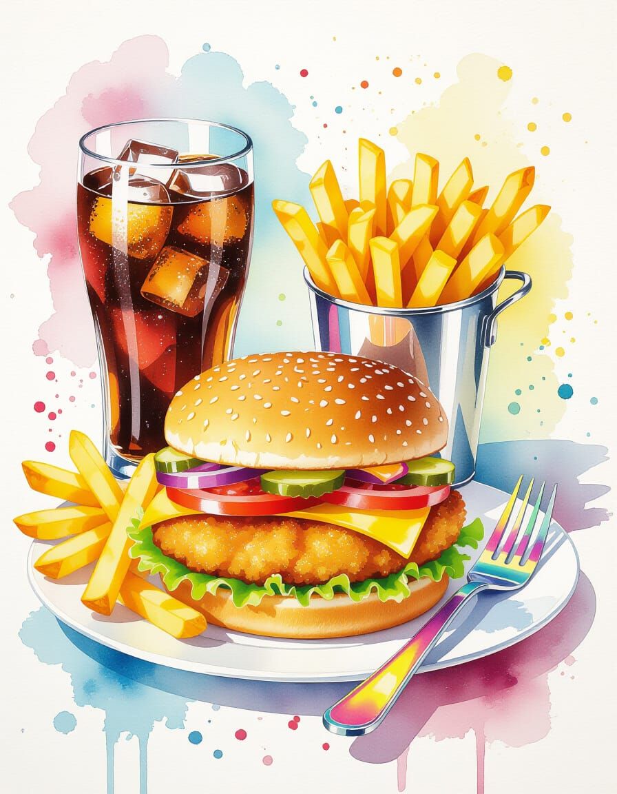 Vibrant Fish Burger Meal with Fries and Cola