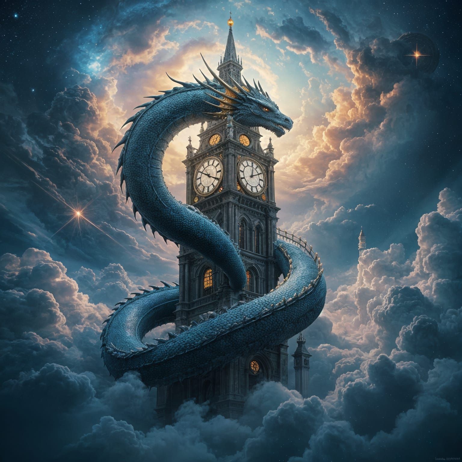 Cosmic Dragon Coiled Around Clock Tower
