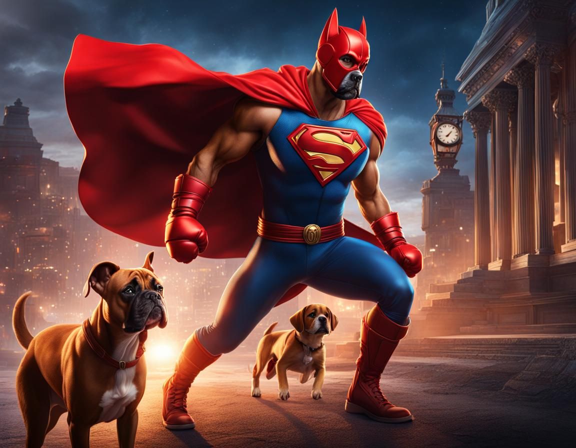 Boxer Superhero Saving Puppy in Detailed Matte Painting