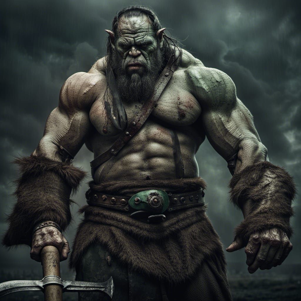 Orc Barbarian Portrait with Axe in Somber Lighting