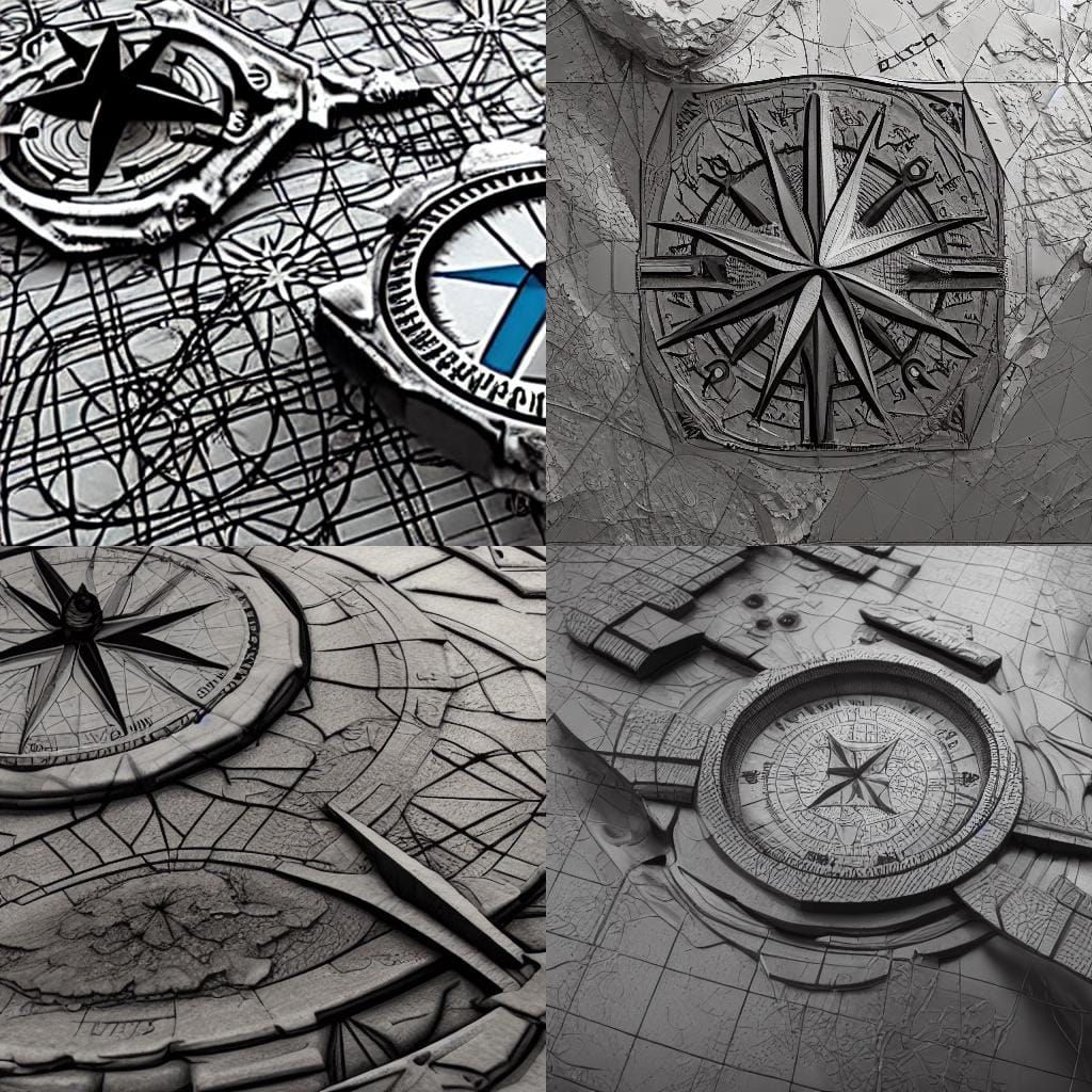 Rustic Compass Rose on Relief Map in Sci-Fi Style