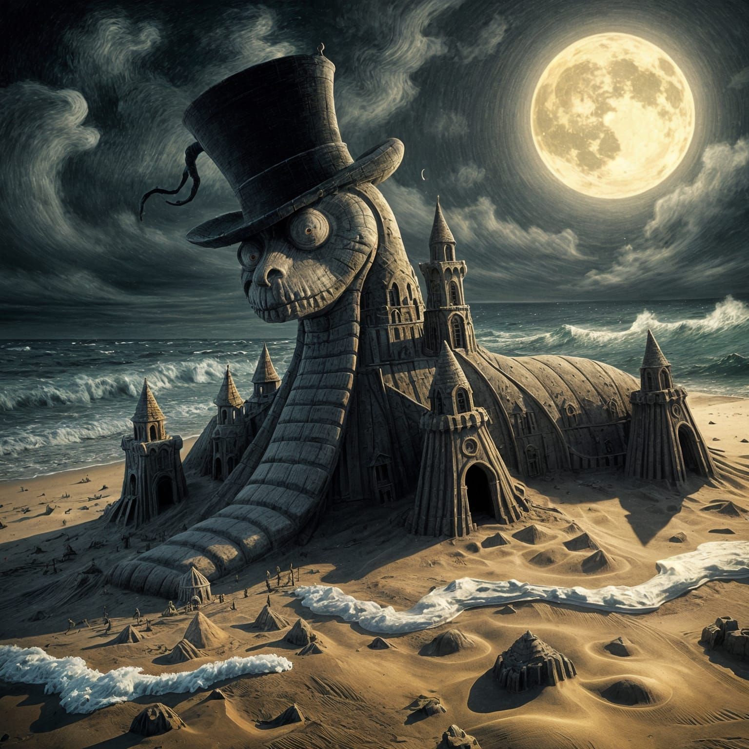 Surreal Gothic Sandcastle of Beetlejuice-Snake in Moonlight
