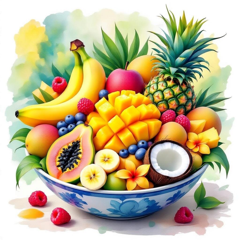 Tropical Fruit Still Life in Whimsical Watercolor