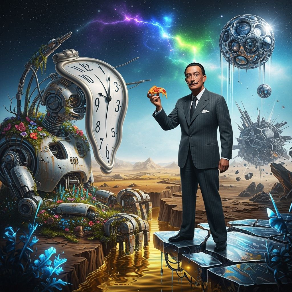Dali in Dreamscape Eating Pizza, Futuristic Surrealism