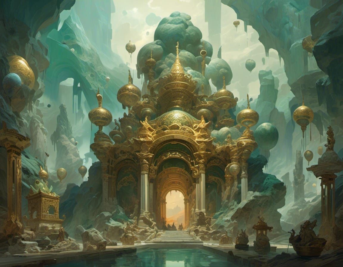 Marble Landscape with Golden Designs and Jade Statues