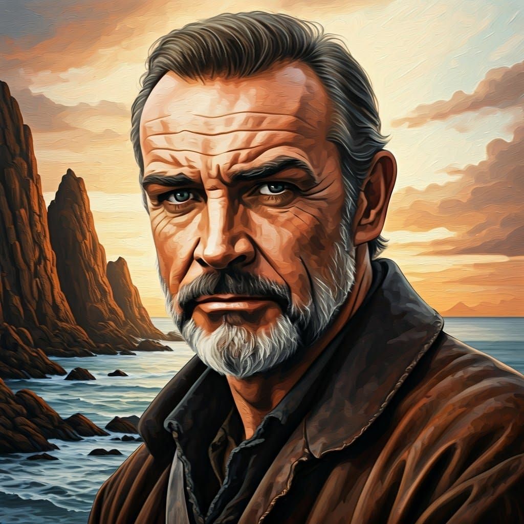 Portrait Sean Connery, Rocky coastline, High contrast, Medie...