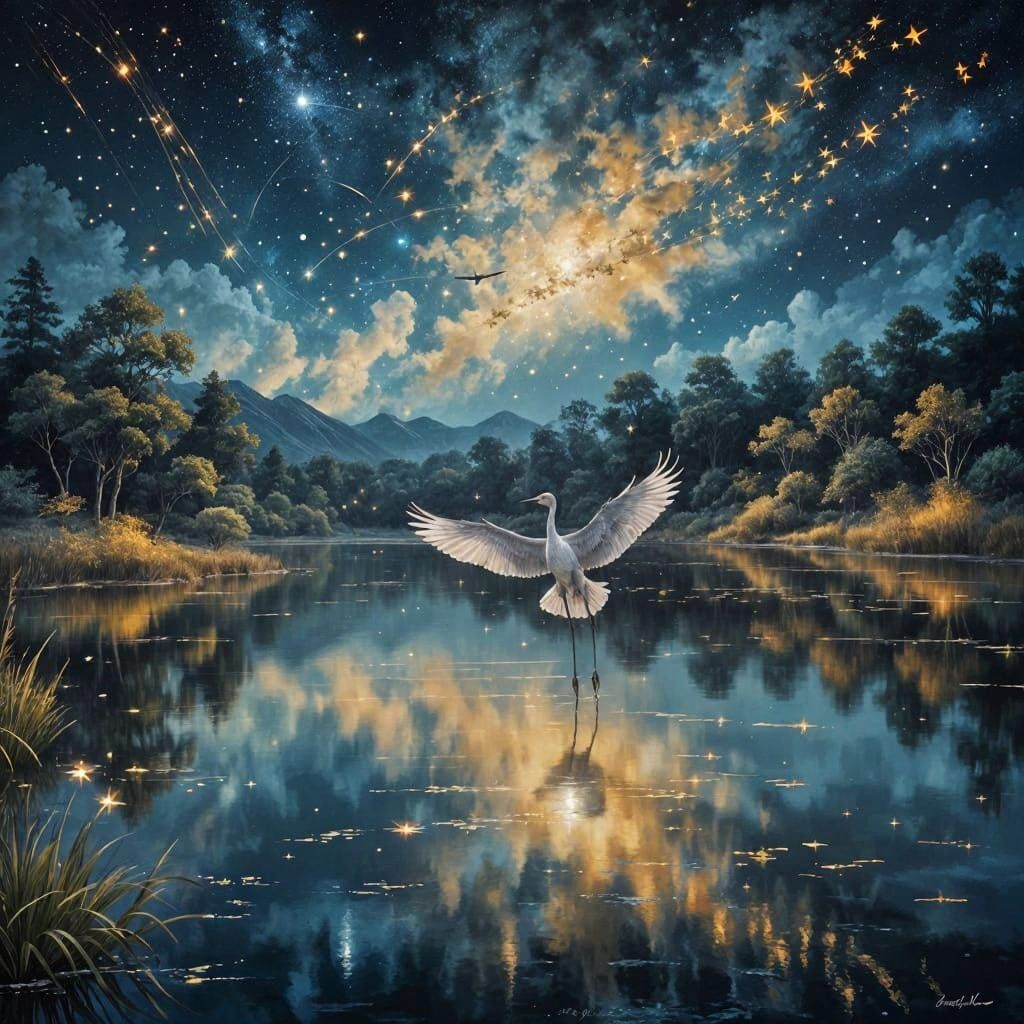 Crane Flight on Starry Night: Surreal Dreamscape
