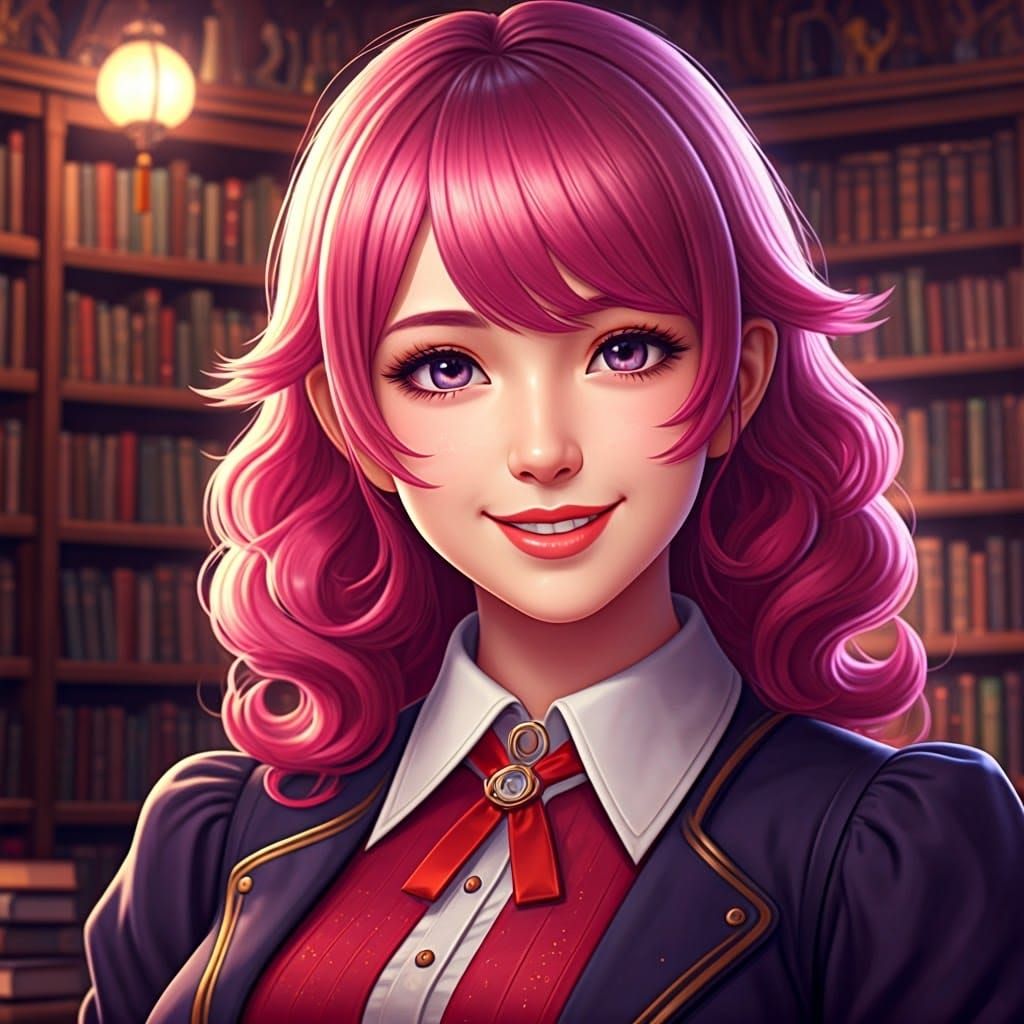 Radiant Pink-Haired Librarian in Whimsical Library
