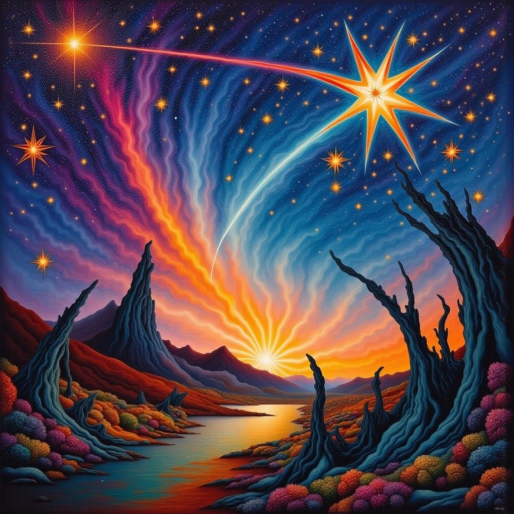 Meteor Shower Landscape in Hyperrealistic Style