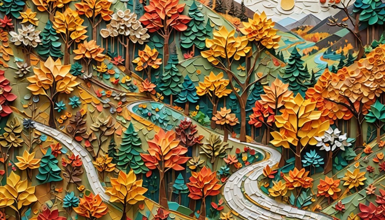 Autumn Forest: Mixed Media Paper Collage Impasto Painting