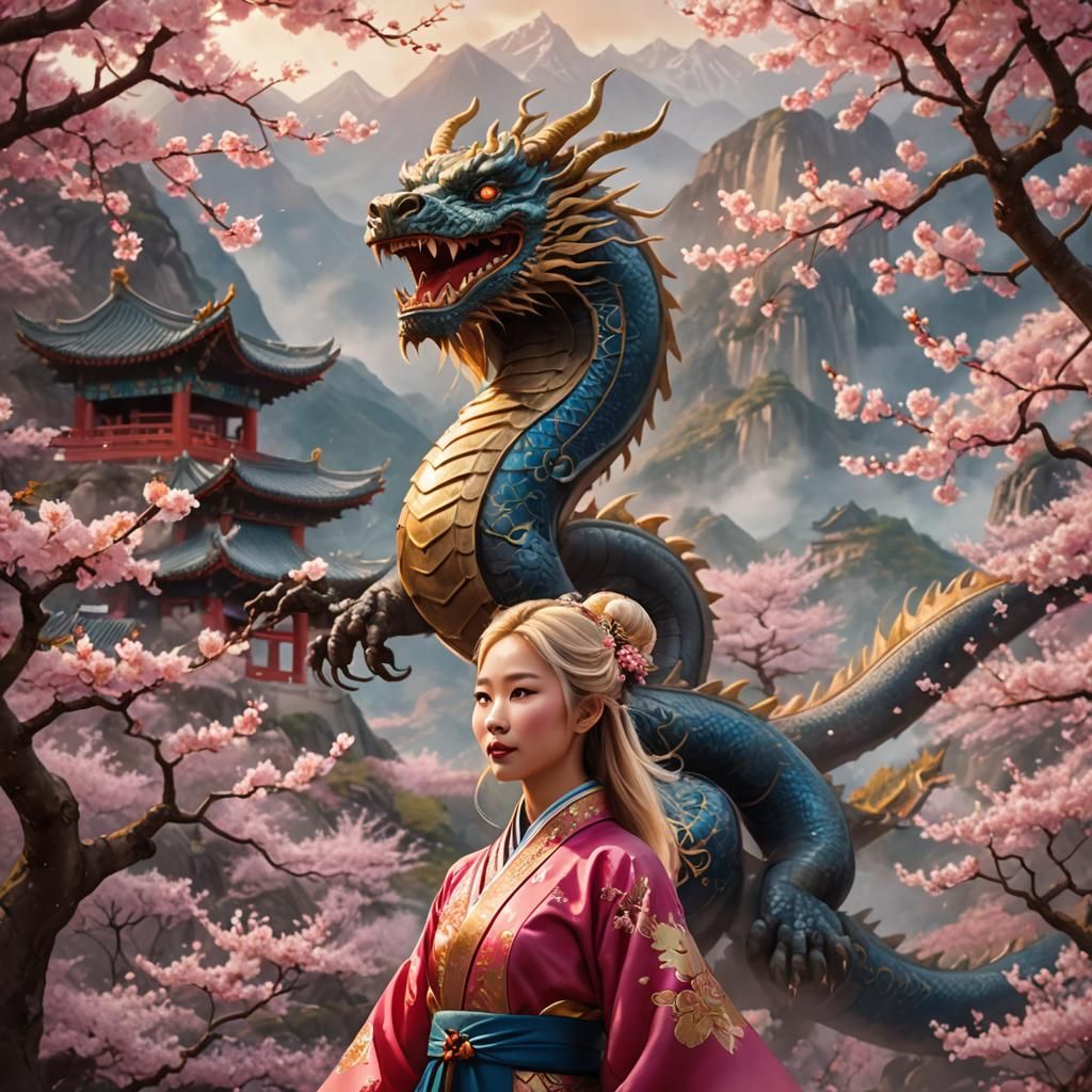 Chinese Girl and Dragon in Digital Matte Painting