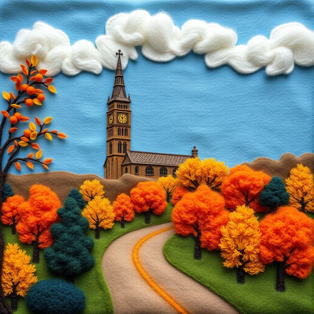 Vibrant Autumnal Feltwork of Big Ben and Tangerine Fruit Tre...