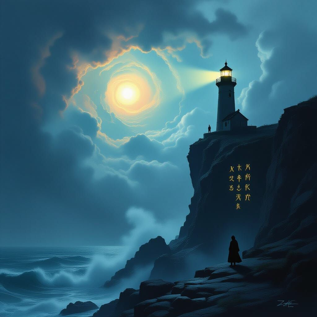 Cosmic Lighthouse Keeper in Stormy Seas