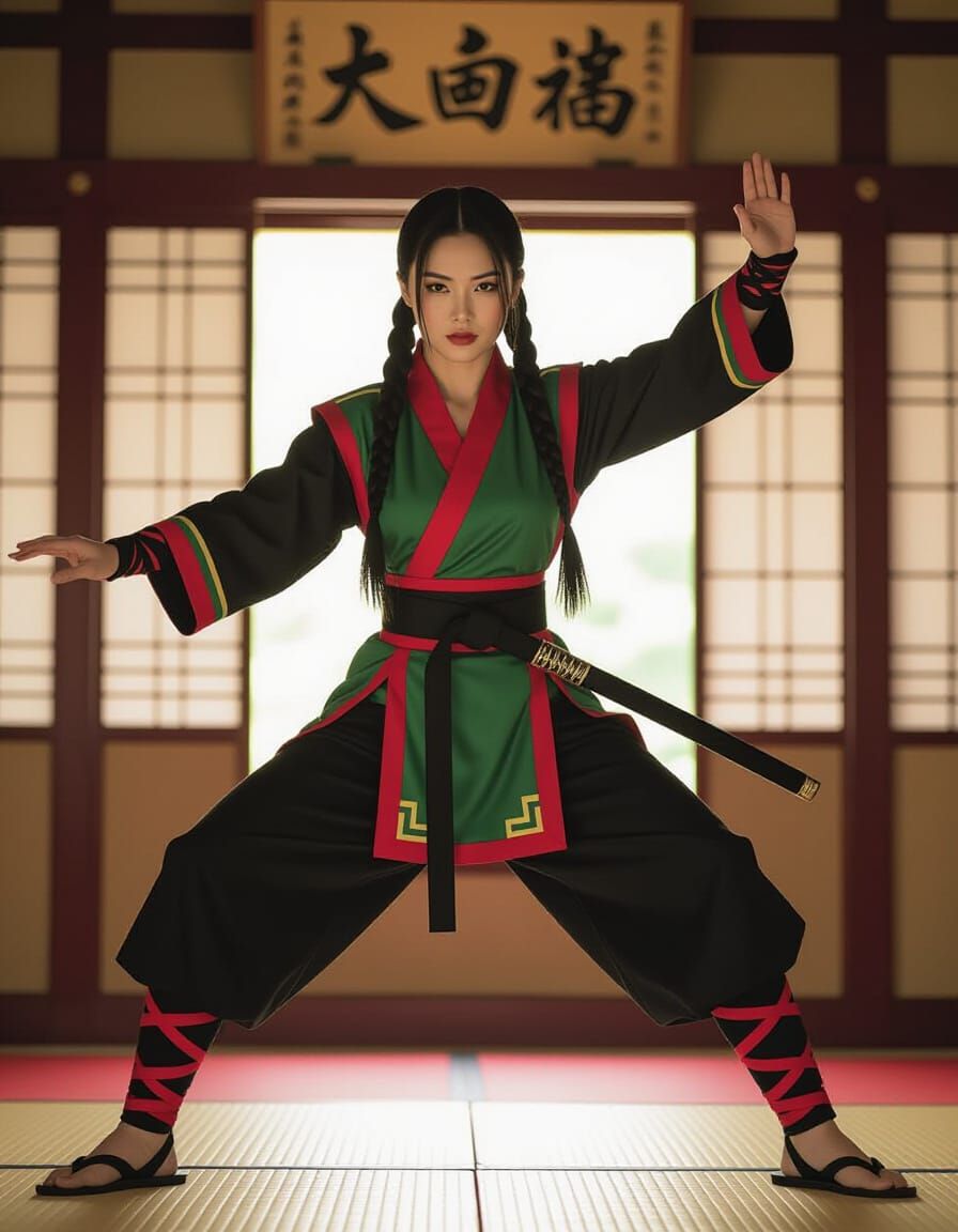 Dynamic Hmong Ninja in Stylized Dojo