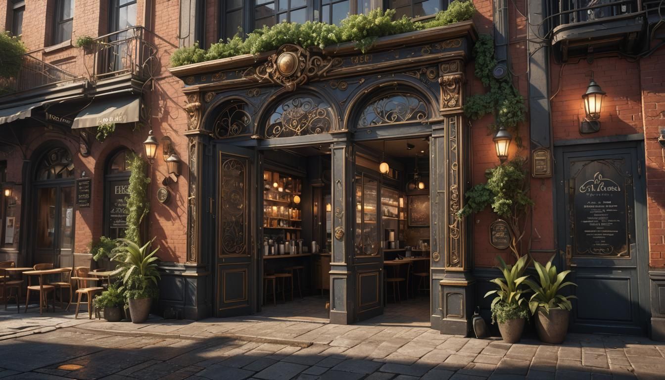 Modern Cafe Doorway: Detailed Matte Painting