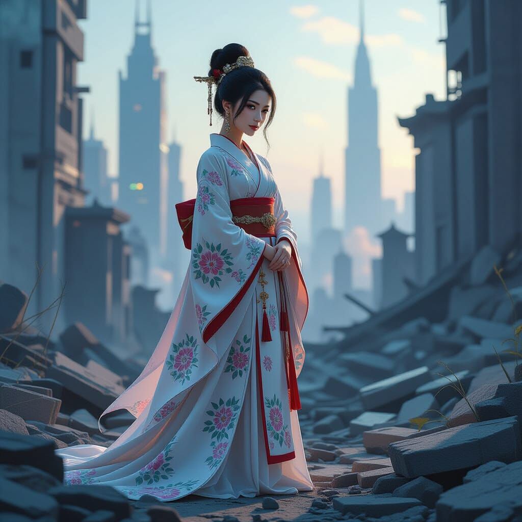 Elegant Asian Woman in Futuristic City Ruins