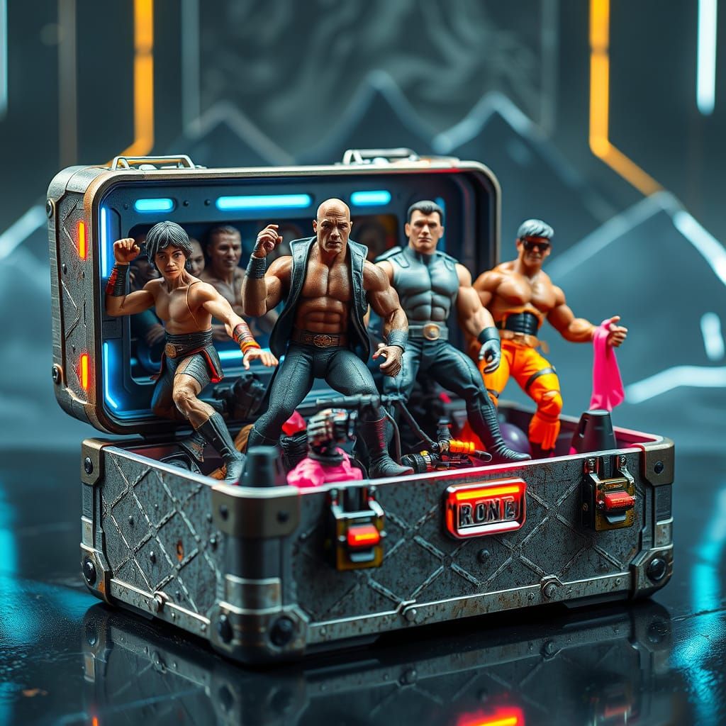 Cyberpunk Toy Box Filled with Retro Action Figures
