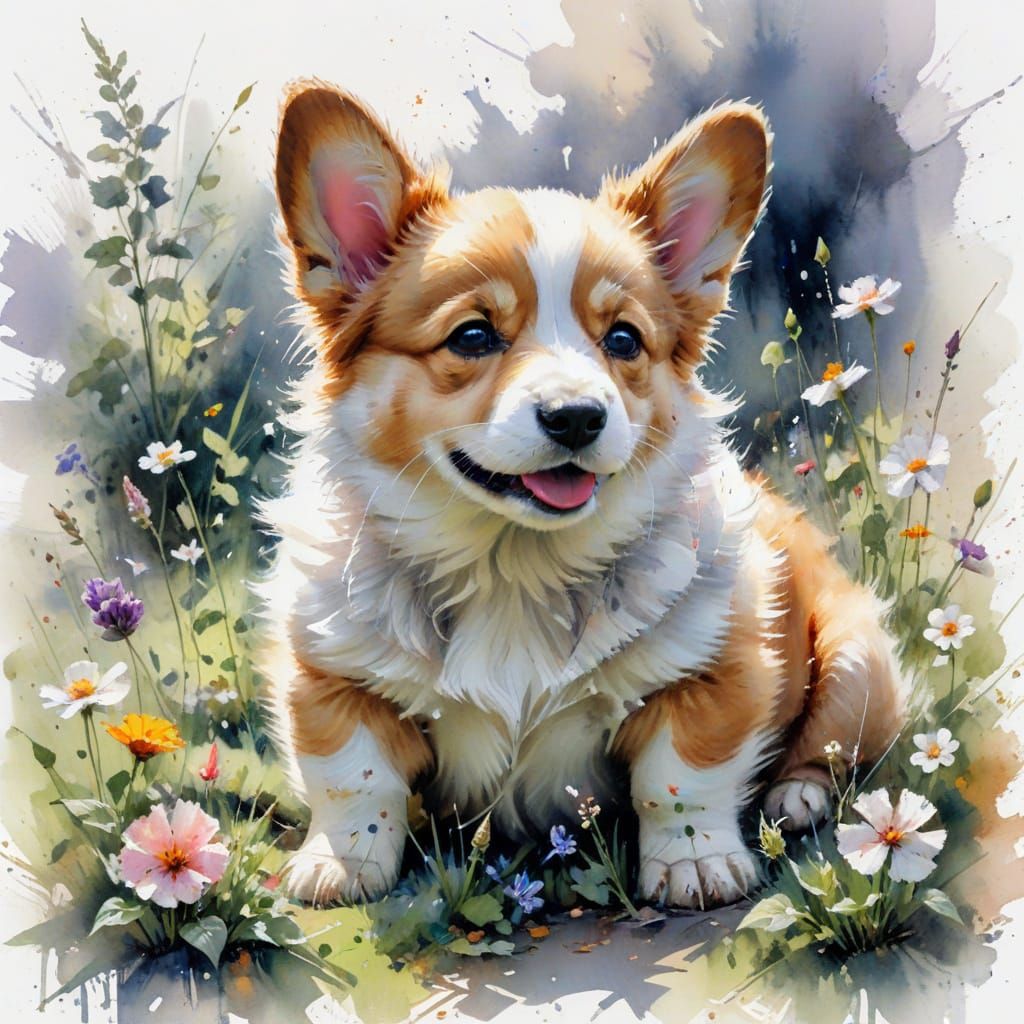 Fluffy Corgi Cubs Play in a Garden