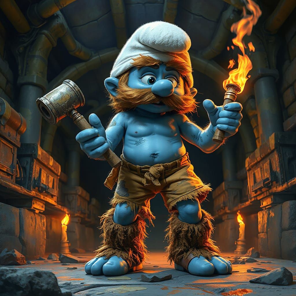 Giant Smurf in Dungeon: Airbrushed Digital Art