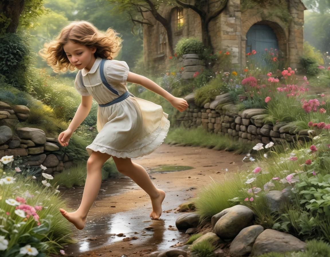 Girl Runs Through Garden: Whimsical Watercolor Painting