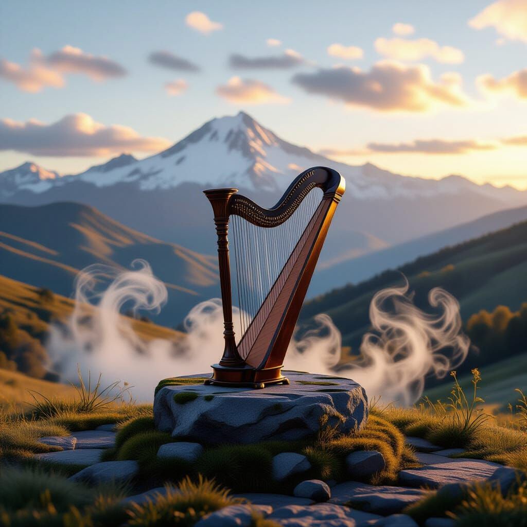 Ancient Harp in Golden Hour Mist, Painterly Landscape