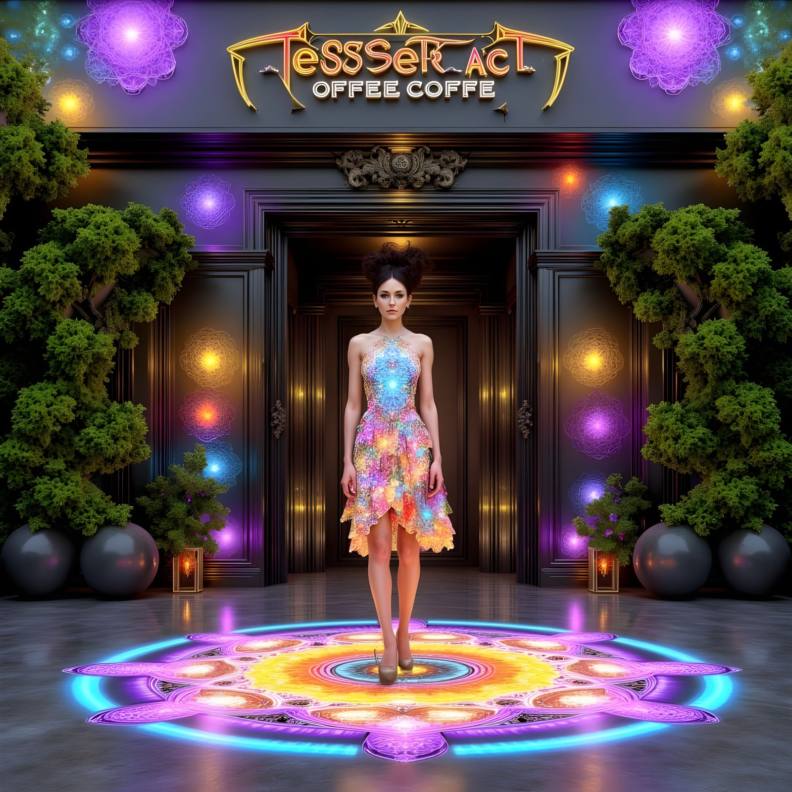 Woman in Fibonacci Dress at Tesseract Cafe