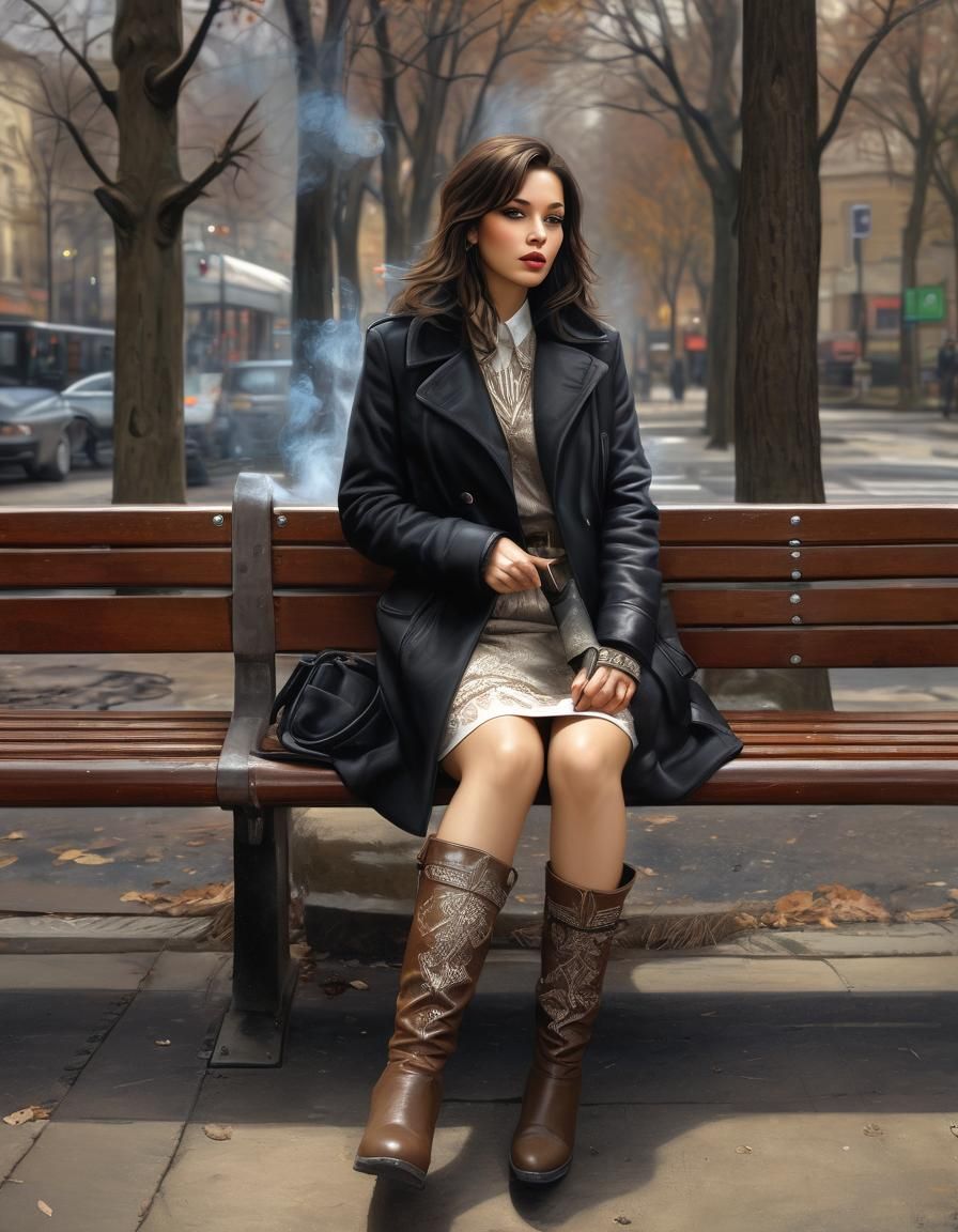 Woman Smoking at Bus Stop in Detailed Drawing
