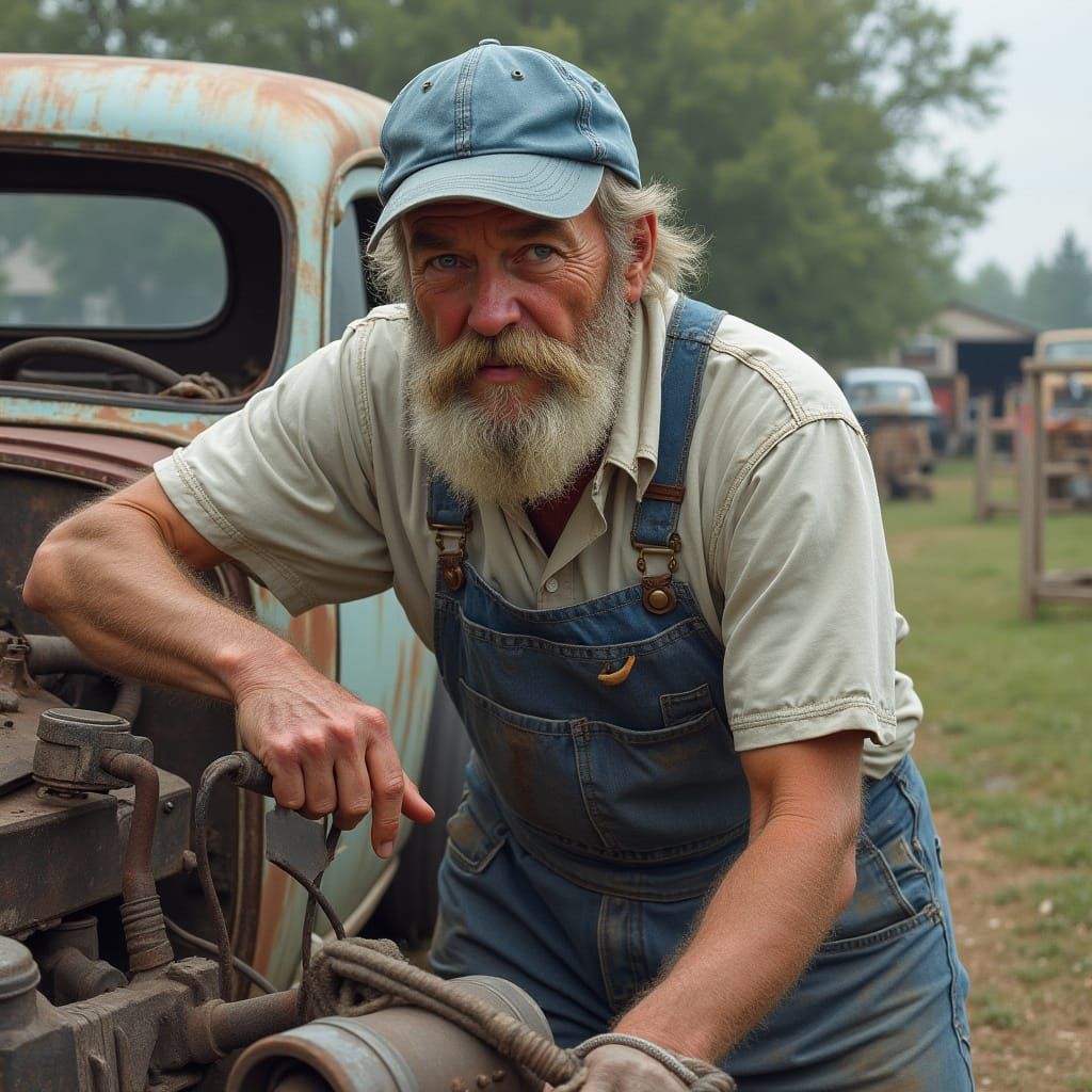 Photorealistic Portrait: Man with Baseball Cap Repairs Car