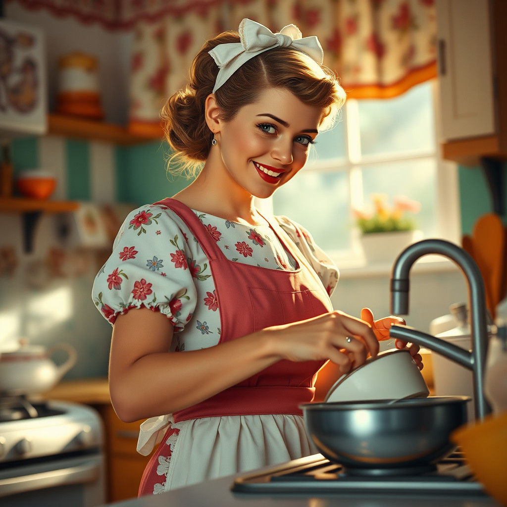 Tradwife Washing Dishes in 1950s Style Kitchen