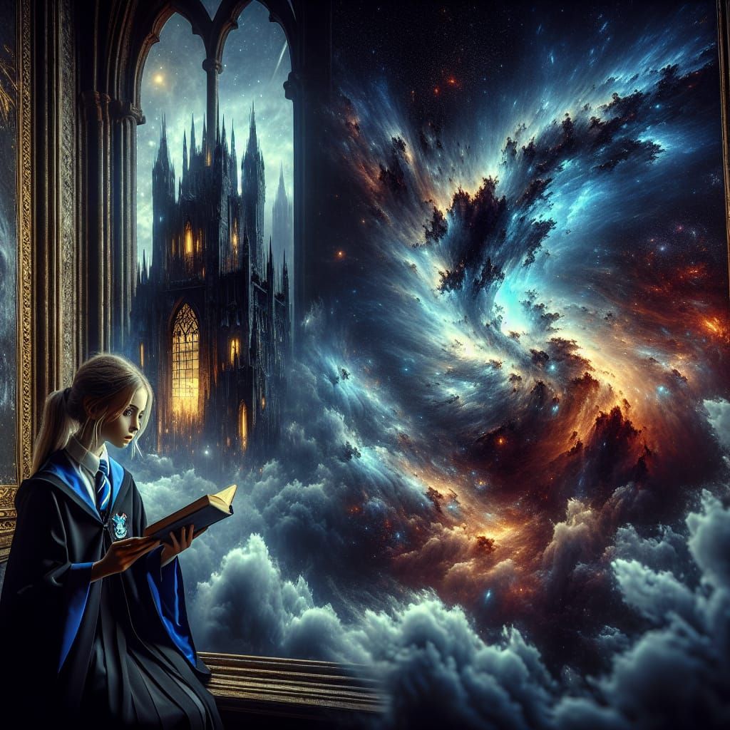 Young Witch Reading by Nebula Lit Castle