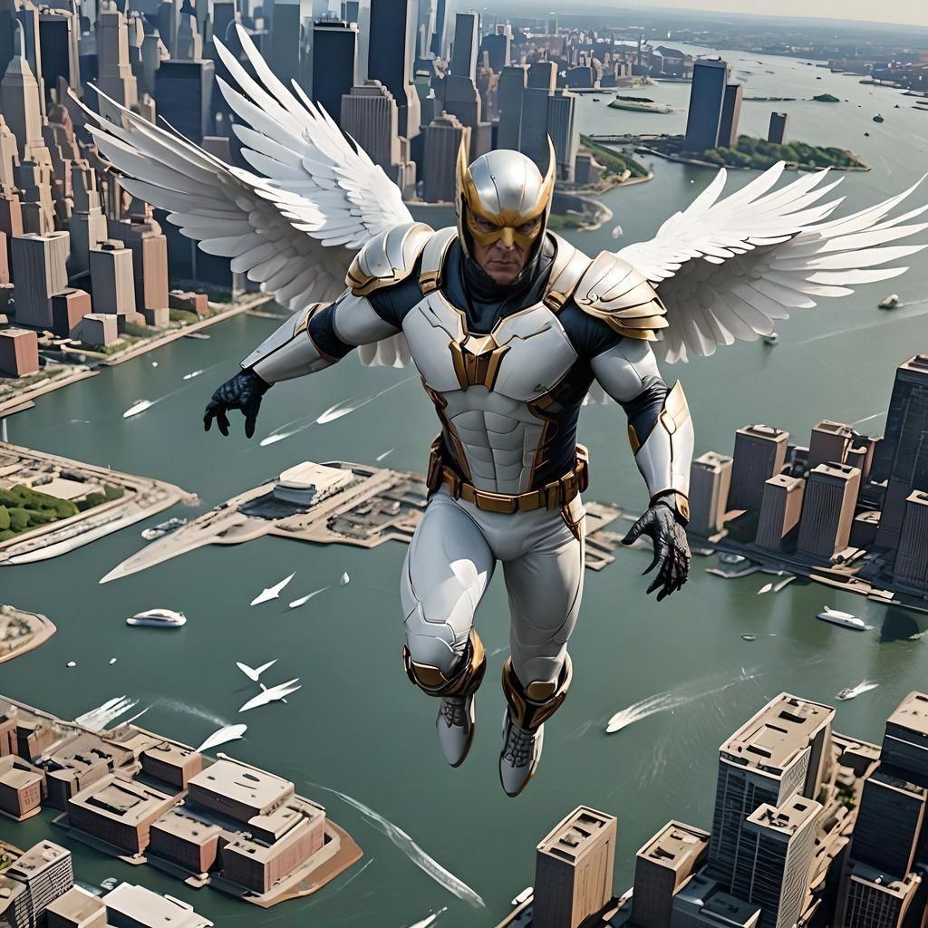 Birdman Superhero Flies Over New York Harbor