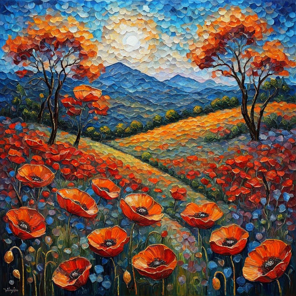 Vibrant Neo-Impressionist Landscape with Poppies