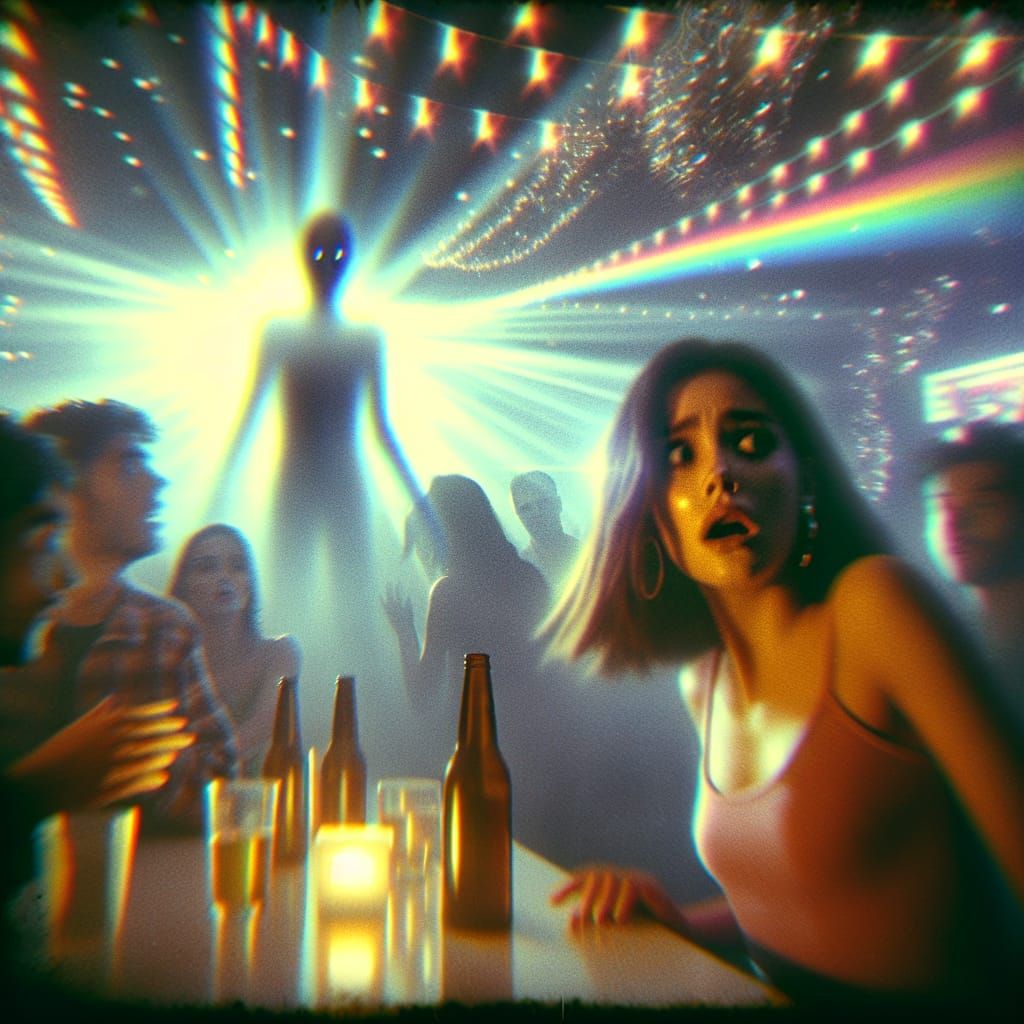 Startled Woman at 2025 Party in VHS Style