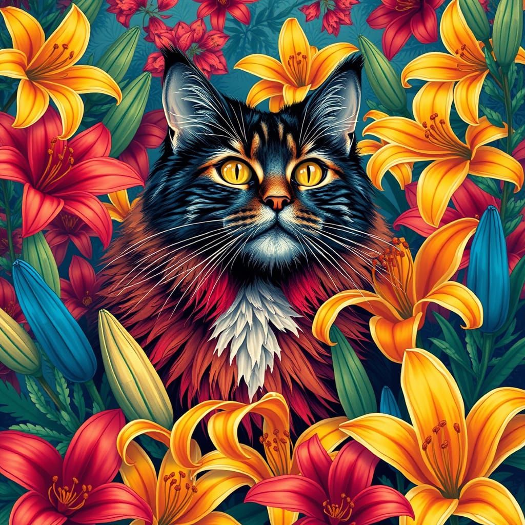 Norwegian Forest Cat with Fibonacci-Inspired Lilies