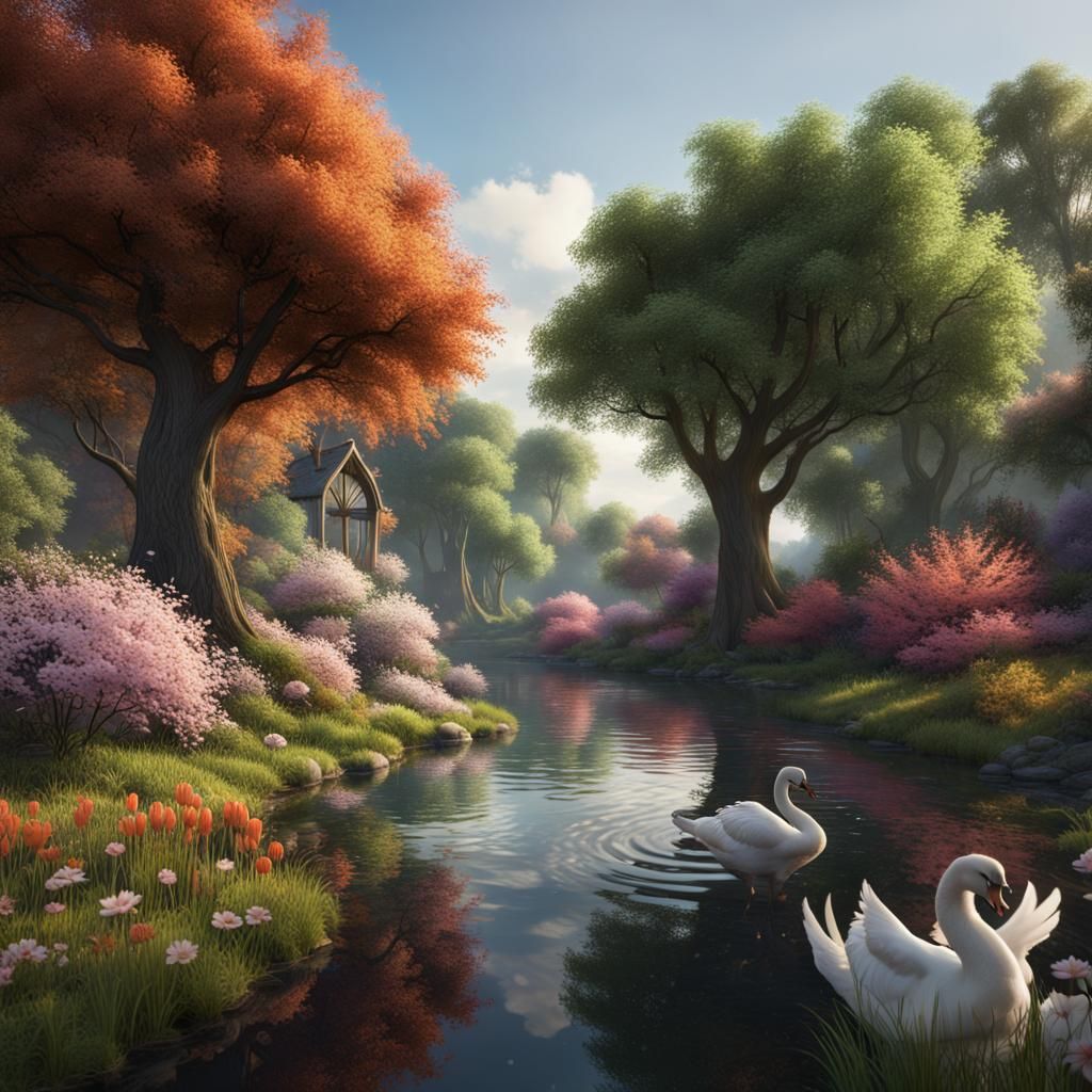 Idyllic River Scene with Swans and Flowers