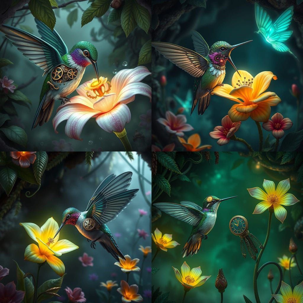 Clockwork Hummingbird in Bioluminescent Underground Garden