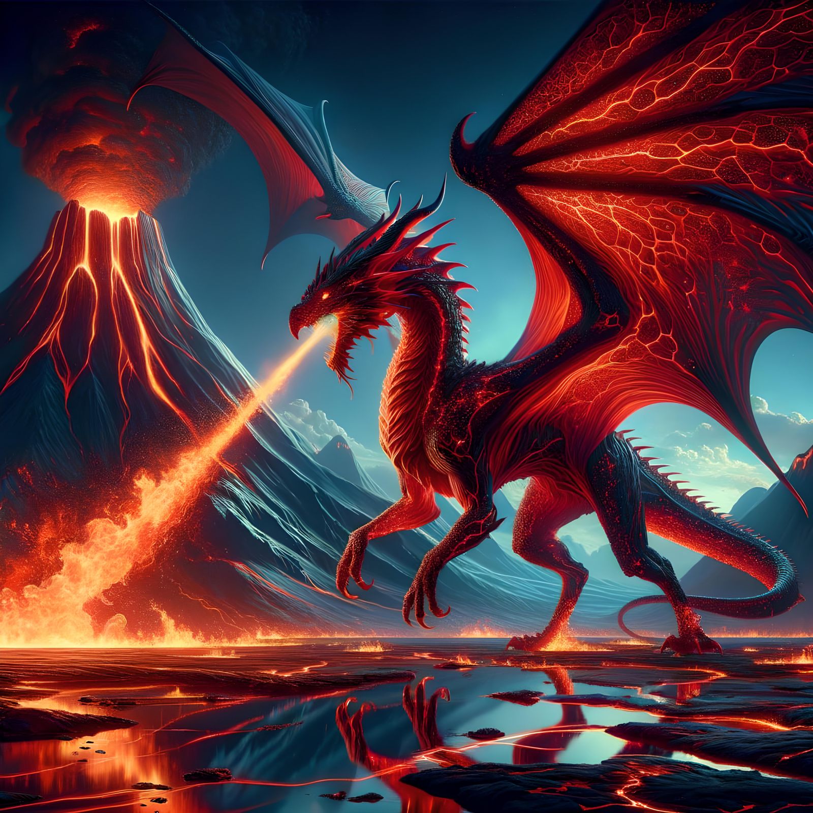 Majestic Red Dragon Breathing Fire in Hyper-Realistic Style