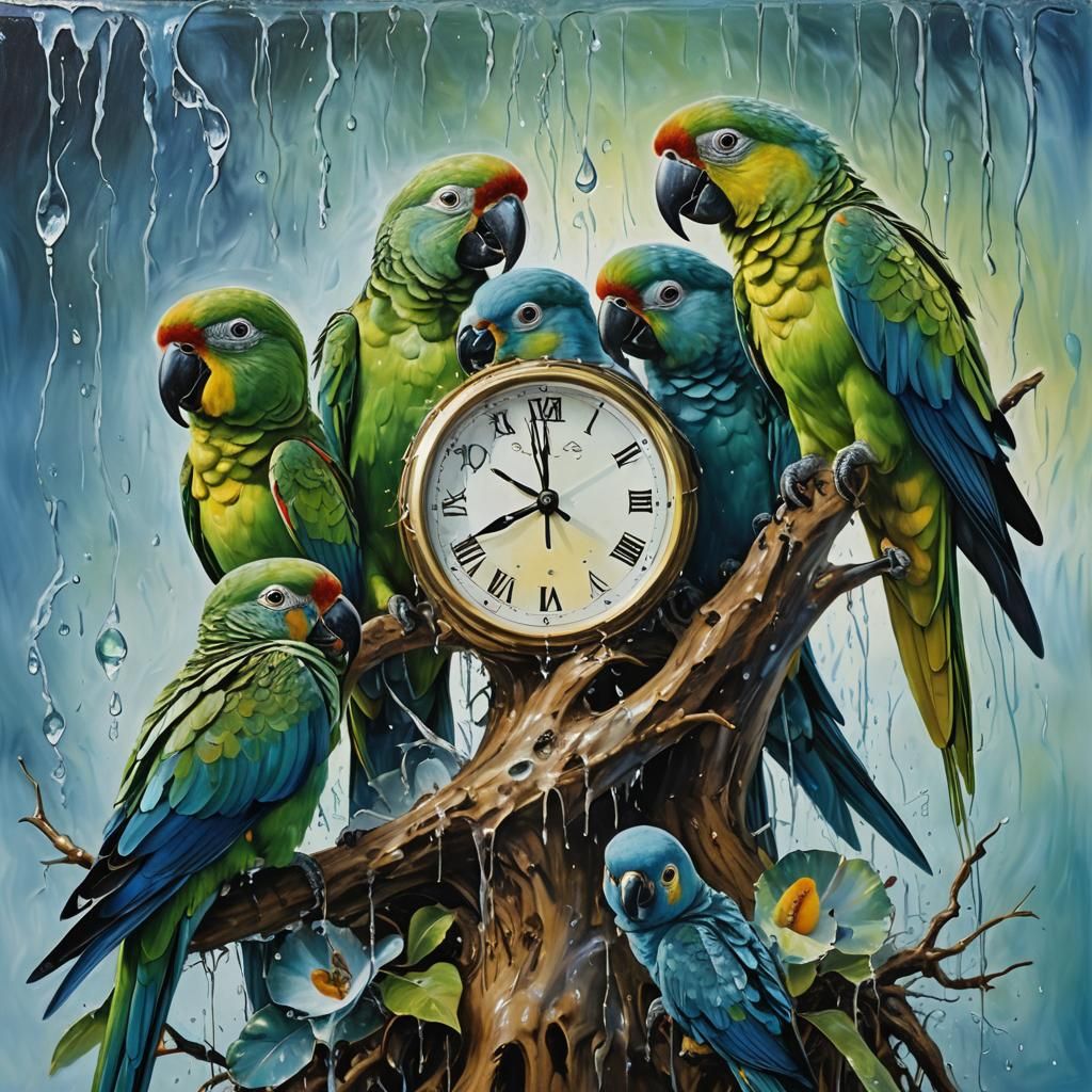 Mother Parrot Protecting Babies: Surrealist Oil Painting